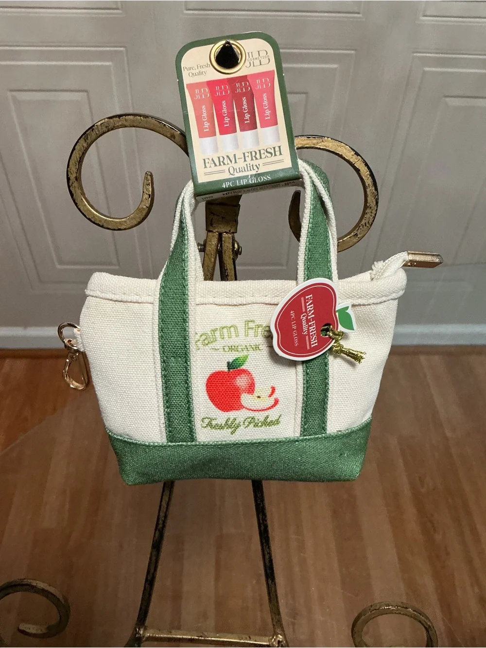 Brand New Farm Fresh Apple Mini Tote Bag w/ Lip Gloss Set Cute Gift Bundle